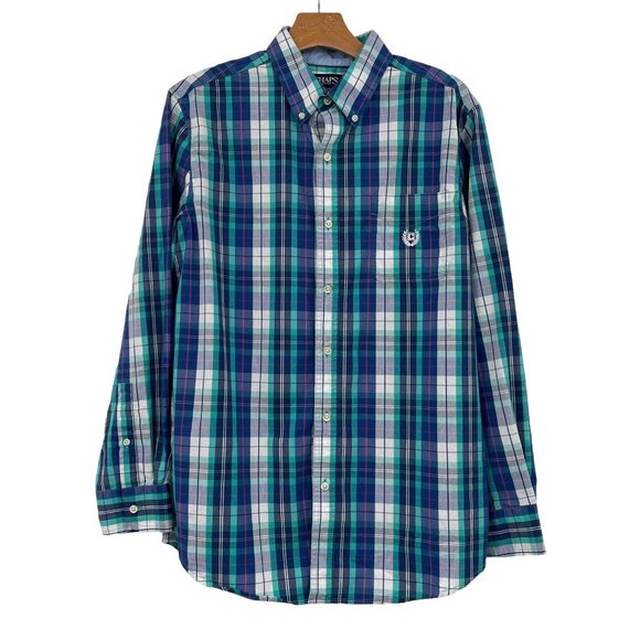 Chaps Men Mens Blue Plaids Stretch Easy Care Button Front L/S Shirt Size Medium - Picture 1 of 4